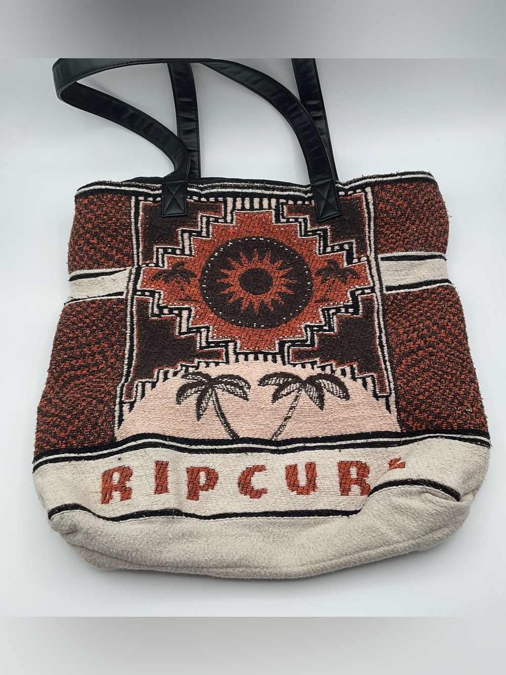 Rip Curl Woven Beach Tote Bag Aztec Tribal Sun Palm Trees Zip Top Shoulder Bag